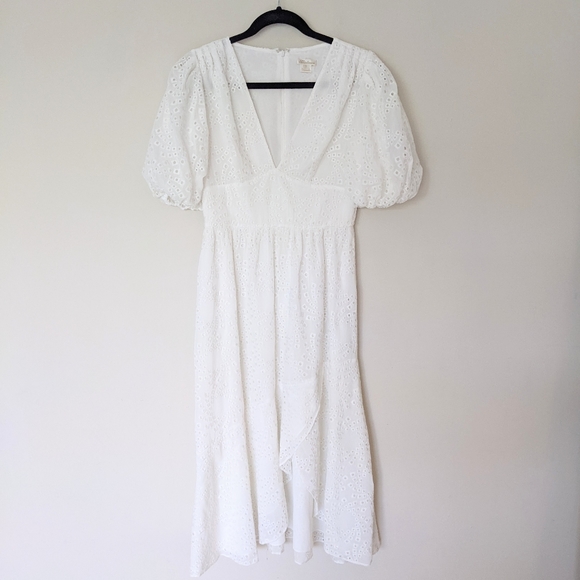SHOSHANNA Jordi Optic White Eyelet Puff Sleeve V Neck Asymmetrical Midi Dress - Picture 3 of 9